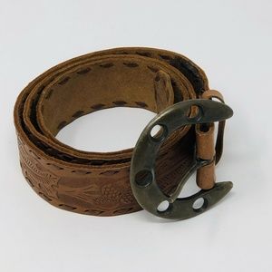 HORSESHOE Buckle Embossed Acorn Leather Belt